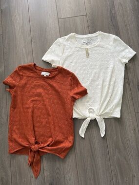 Madewell Texture & Thread Modern Tie-Front Tee in Geo-Eyelet Bundle of 2! Small